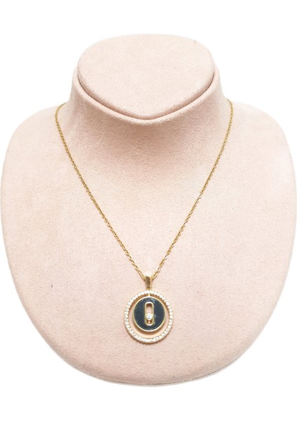 Çelik Kolye Siyah Taşlı Yuvarlak Model 0,1 mm Zincir 40 cm Ayarlanabilir Altın Sarısı (Gold) Renkli
