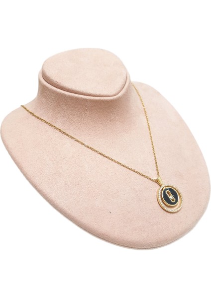 Çelik Kolye Siyah Taşlı Yuvarlak Model 0,1 mm Zincir 40 cm Ayarlanabilir Altın Sarısı (Gold) Renkli