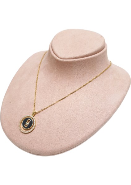 Çelik Kolye Siyah Taşlı Yuvarlak Model 0,1 mm Zincir 40 cm Ayarlanabilir Altın Sarısı (Gold) Renkli