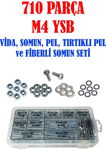 710 Parça M4 Ysb Civata+Somun+Fiberli Somun+Pul+Tırtıklı Pul Seti
