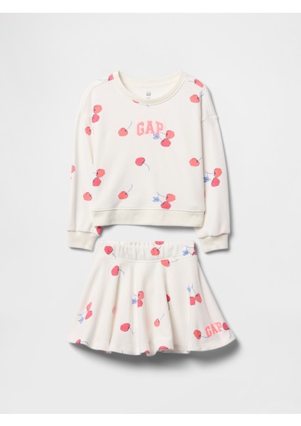 Kız Bebek Beyaz Vintage Soft Sweatshirt ve Şort Etek Outfit Set