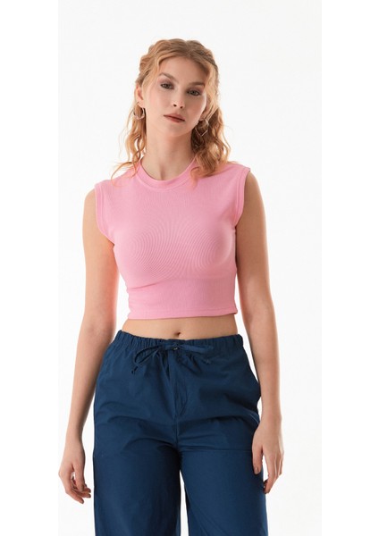 Fitilli Bisiklet Yaka Crop Tişört