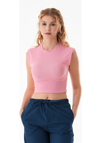 Fitilli Bisiklet Yaka Crop Tişört