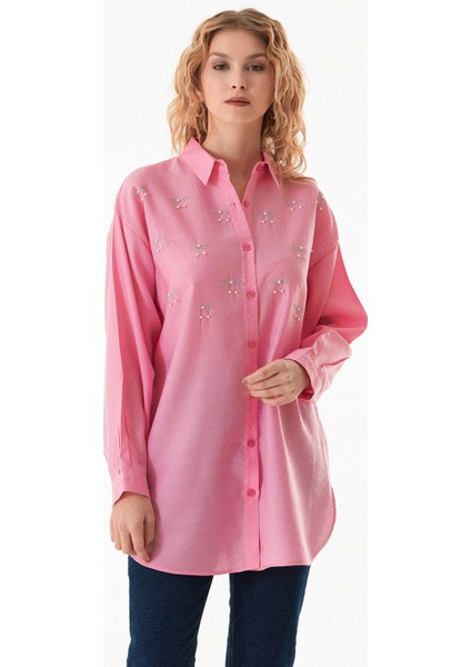Fiyonk Taş Işlemeli Gofreli Oversize Gömlek