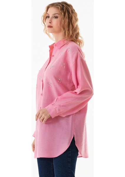 Fiyonk Taş Işlemeli Gofreli Oversize Gömlek