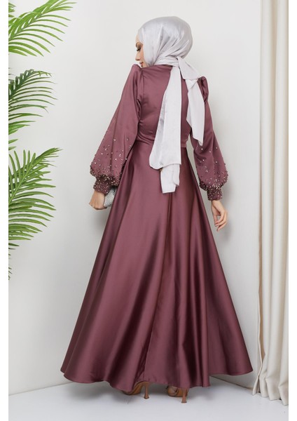 Önü ve Kolları Serpme Taş Detaylı Saten Abiye Elbise Gül Kurusu 1658