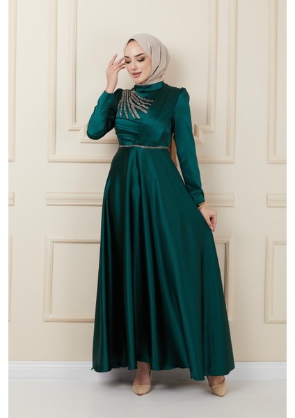 Önü Pilise ve Boncuk Detaylı Saten Abiye Elbise Yeşil 1624 modelleri