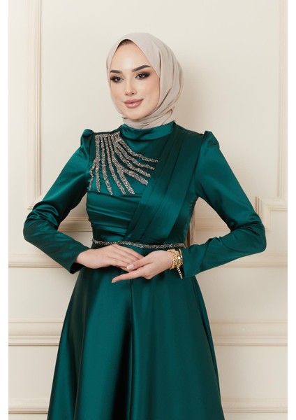Önü Pilise ve Boncuk Detaylı Saten Abiye Elbise Yeşil 1624 indirimleri