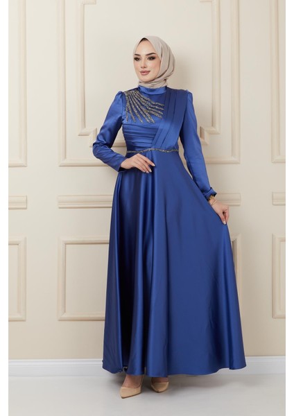 Önü Pilise ve Boncuk Detaylı Saten Abiye Elbise K. Indigo 1624