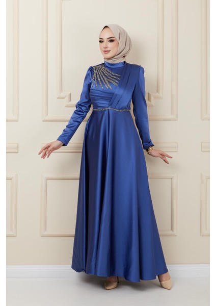 Önü Pilise ve Boncuk Detaylı Saten Abiye Elbise K. Indigo 1624