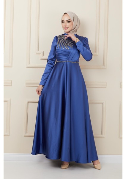 Önü Pilise ve Boncuk Detaylı Saten Abiye Elbise K. Indigo 1624