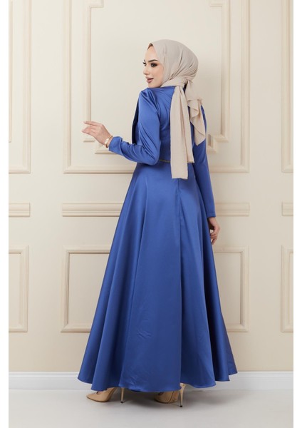 Önü Pilise ve Boncuk Detaylı Saten Abiye Elbise K. Indigo 1624