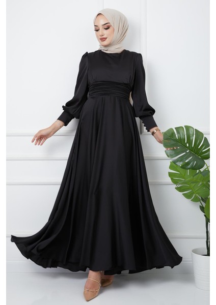 Beli Pilise Detaylı Kuşaklı Abiye Elbise Siyah 1595