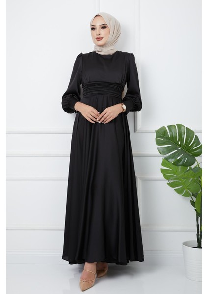 Beli Pilise Detaylı Kuşaklı Abiye Elbise Siyah 1595 modelleri