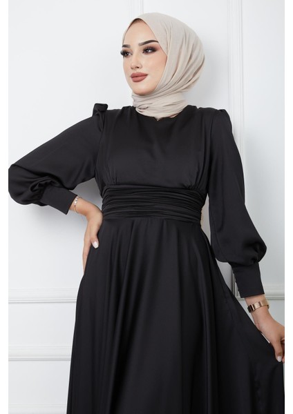 Beli Pilise Detaylı Kuşaklı Abiye Elbise Siyah 1595 indirimleri