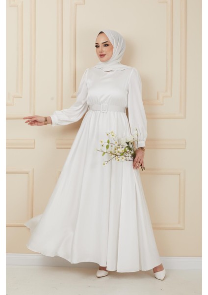 Kemer Aksesuarlı Kloş Abiye Elbise Ekru 1602 fiyatları