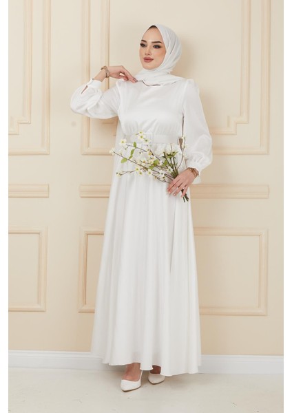 Kemer Aksesuarlı Kloş Abiye Elbise Ekru 1602 modelleri