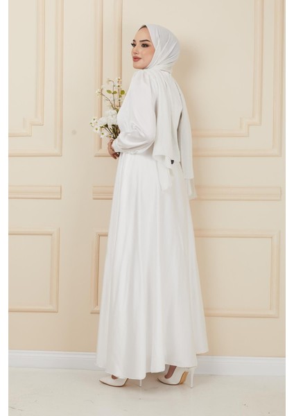 Kemer Aksesuarlı Kloş Abiye Elbise Ekru 1602 fırsatları