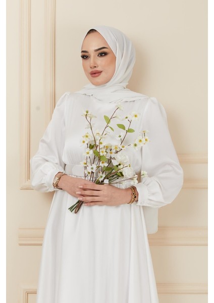 Kemer Aksesuarlı Kloş Abiye Elbise Ekru 1602 indirimleri