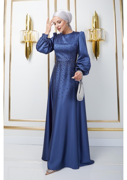 Önü ve Kolları Serpme Taş Detaylı Saten Abiye Elbise K. Indigo 1658