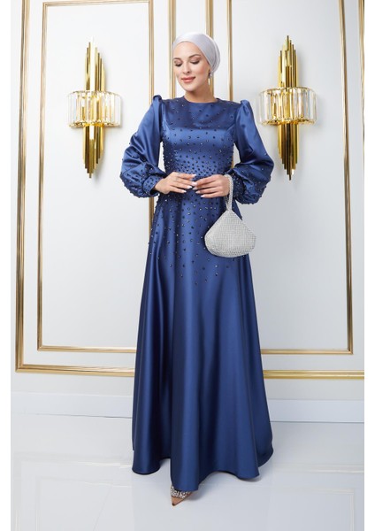 Önü ve Kolları Serpme Taş Detaylı Saten Abiye Elbise K. Indigo 1658