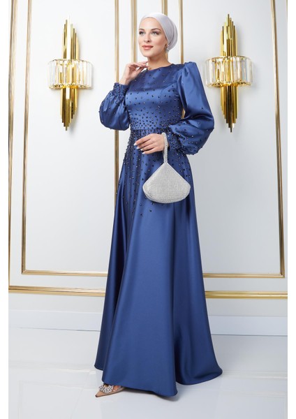 Önü ve Kolları Serpme Taş Detaylı Saten Abiye Elbise K. Indigo 1658