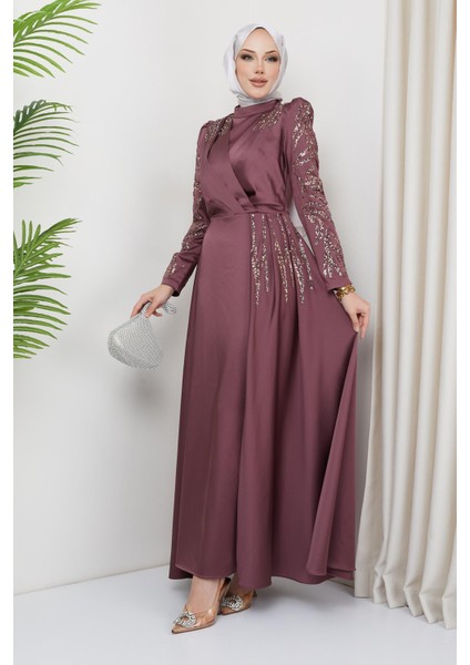 Önü ve Kolları Pul ve Taş Detaylı Saten Abiye Elbise Gül Kurusu 1660