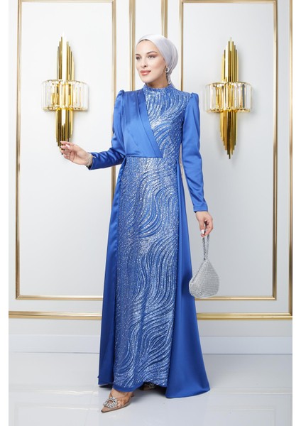 Önü Pul ve Sim Detaylı Pelerin Etekli Saten Tesettür Abiye Elbise Indigo 1642 fırsatları