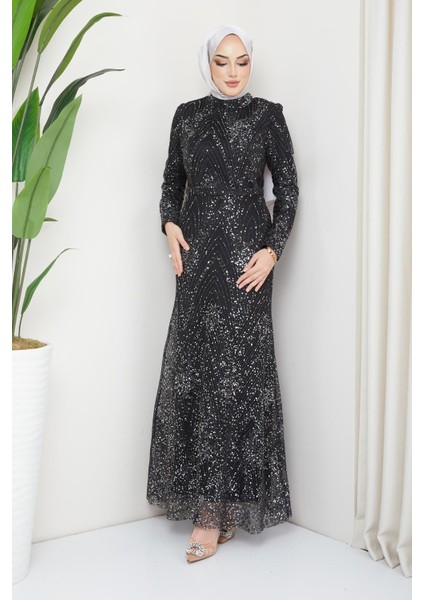Sim ve Pul Bezeli Tesettür Abiye Elbise Siyah 1644