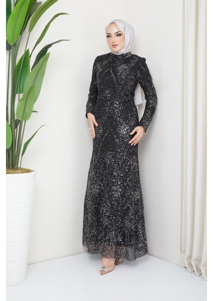 Sim ve Pul Bezeli Tesettür Abiye Elbise Siyah 1644 fiyatları
