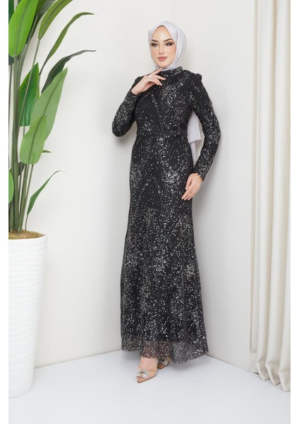 Sim ve Pul Bezeli Tesettür Abiye Elbise Siyah 1644 modelleri