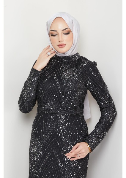 Sim ve Pul Bezeli Tesettür Abiye Elbise Siyah 1644 indirimleri
