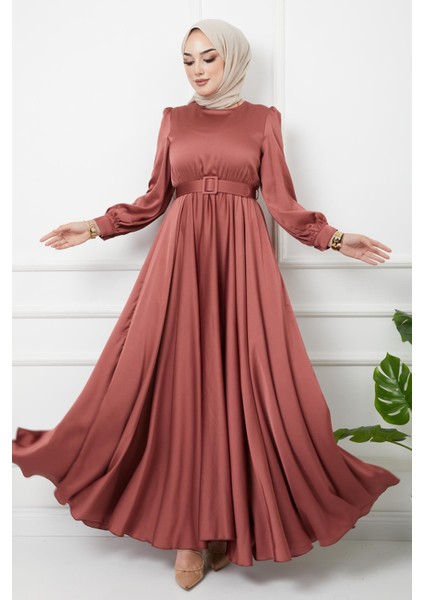 Kemer Aksesuarlı Kloş Abiye Elbise Gül Kurusu 1602