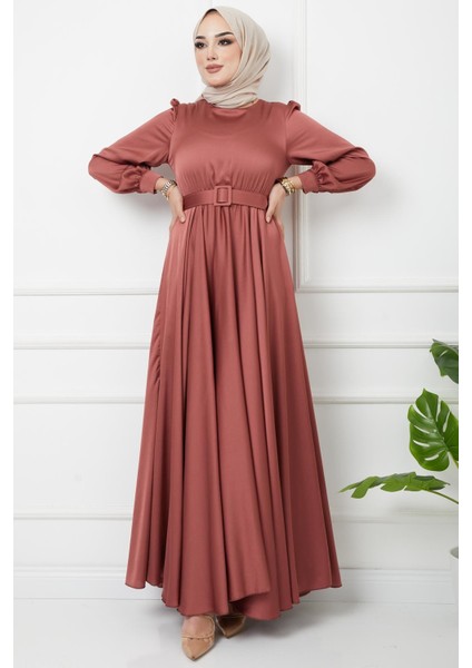 Kemer Aksesuarlı Kloş Abiye Elbise Gül Kurusu 1602 fiyatları