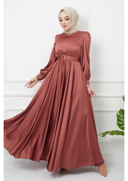 Kemer Aksesuarlı Kloş Abiye Elbise Gül Kurusu 1602 modelleri