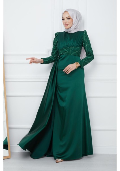Kolları ve Önü Pullu Şifon Detaylı Eteği Pelerinli Saten Abiye Elbise Yeşil 1210