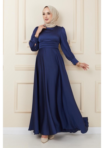 Beli Pilise Detaylı Kuşaklı Abiye Elbise Lacivert 1595