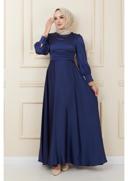 Beli Pilise Detaylı Kuşaklı Abiye Elbise Lacivert 1595