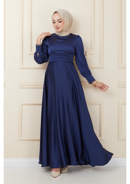 Beli Pilise Detaylı Kuşaklı Abiye Elbise Lacivert 1595