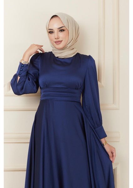 Beli Pilise Detaylı Kuşaklı Abiye Elbise Lacivert 1595