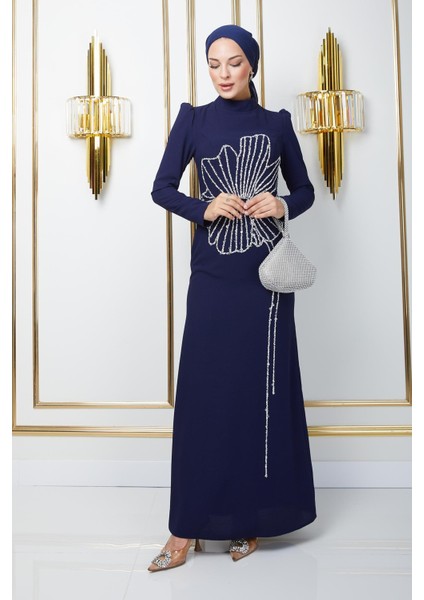 Önü Taş ve Puldan Motif Desenli Krep Tesettür Abiye Elbise Lacivert 1672 fiyatları