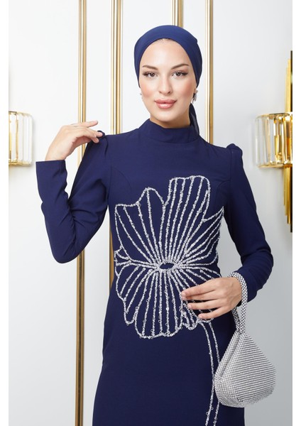 Önü Taş ve Puldan Motif Desenli Krep Tesettür Abiye Elbise Lacivert 1672 modelleri