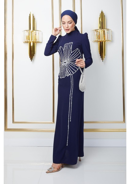 Önü Taş ve Puldan Motif Desenli Krep Tesettür Abiye Elbise Lacivert 1672 fırsatları