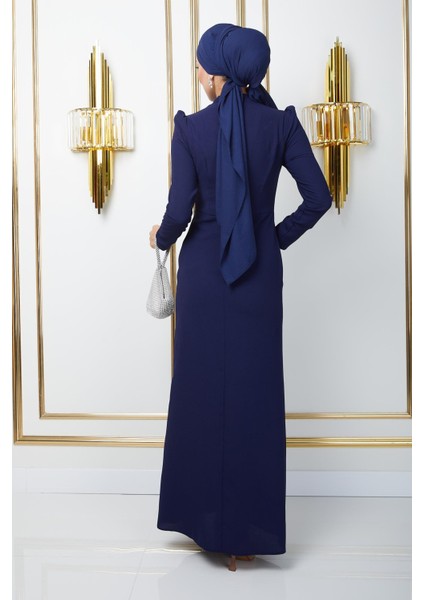 Önü Taş ve Puldan Motif Desenli Krep Tesettür Abiye Elbise Lacivert 1672 indirimleri