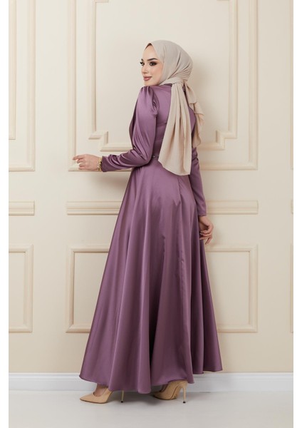 Önü Pilise ve Boncuk Detaylı Saten Abiye Elbise K. Lila 1624 fırsatları