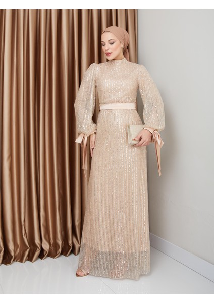 Kol Ağzı Fiyonk Detaylı Payet Tesettür Abiye Elbise Bej 1222 fiyatları