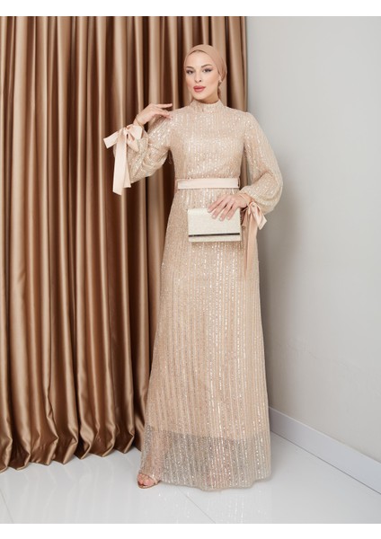 Kol Ağzı Fiyonk Detaylı Payet Tesettür Abiye Elbise Bej 1222 fırsatları