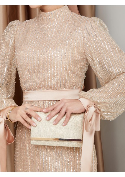 Kol Ağzı Fiyonk Detaylı Payet Tesettür Abiye Elbise Bej 1222 indirimleri