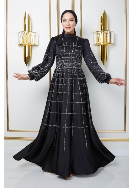 Önü ve Kolları Taş ve Pul Bezeli Kloş Saten Tesettür Abiye Elbise Siyah 1675 fiyatları