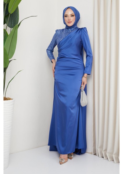 Önü Volan Detaylı Pullu Tül ve Saten Abiye Elbise Indigo 1662